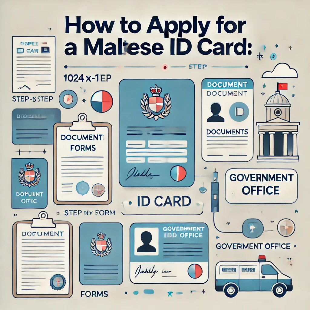 Clean, step-by-step design for a blog post on applying for a Maltese ID card, featuring icons of documents, forms, ID card, and government office. The title 'How to Apply for a Maltese ID Card: Step-by-Step!' is displayed in bold, professional font, with a blue and white color scheme for clarity and a welcoming feel.