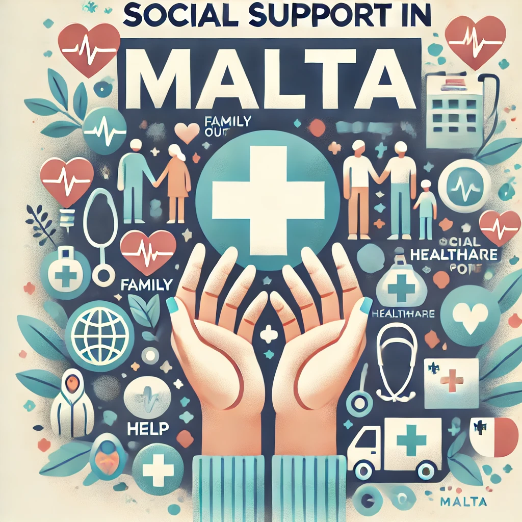 Illustration of social support in Malta, featuring symbols of hands reaching out, family icons, healthcare symbols, and a Maltese cross. The design uses soft blue, green, and white tones with the title 'Social Support in Malta' displayed in a friendly, bold font, conveying warmth, care, and community-focused support.