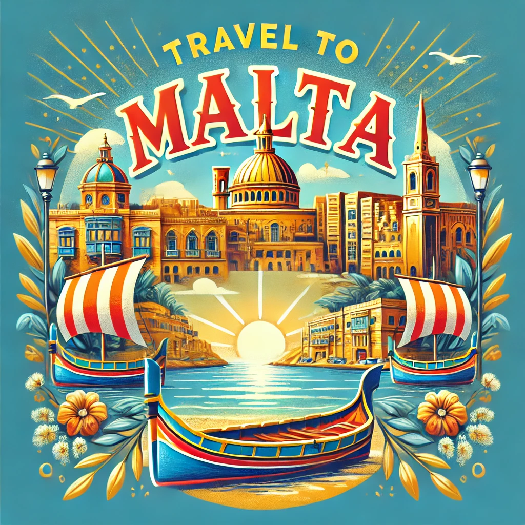 Vibrant travel blog design featuring iconic Maltese elements such as colorful traditional luzzu boats, historic Valletta architecture, scenic coastline, and sunlit Mediterranean streets. The title 'Travel to Malta' is displayed in bold, stylish font, with warm blue and gold tones that capture Malta’s inviting and lively atmosphere.