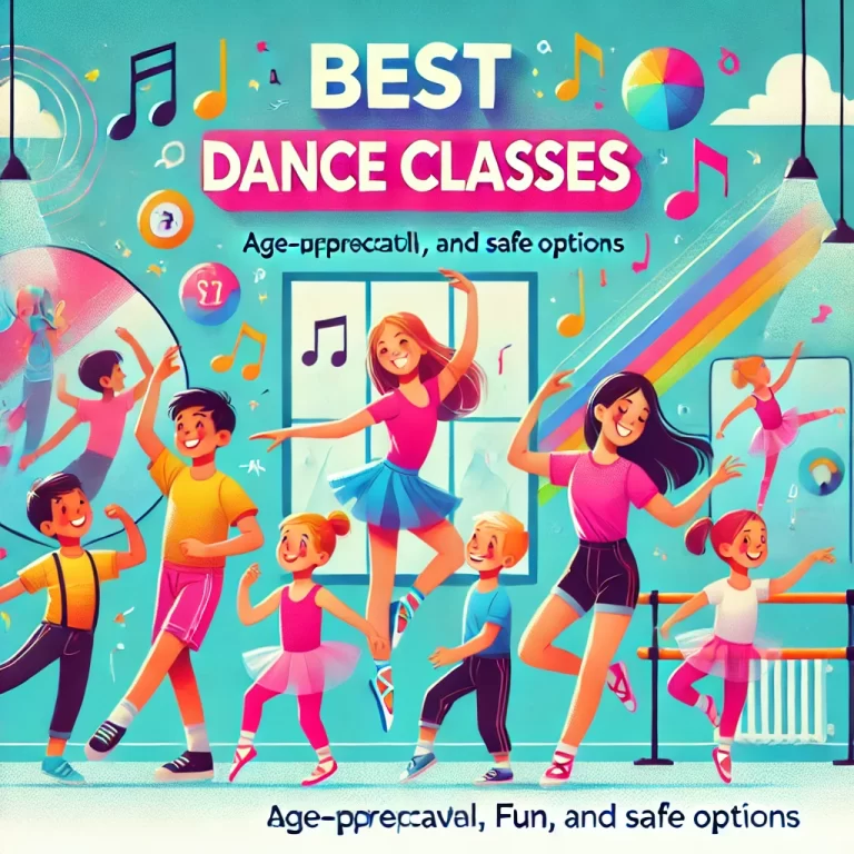 Colorful blog post design for 'Best Dance Classes for Kids: Age-Appropriate, Fun, and Safe Options,' featuring children dancing in an energetic studio setting with elements like mirrors, ballet bars, and musical notes. Bright colors such as pink, blue, and yellow create a lively atmosphere, capturing the excitement of dance for kids of all ages.