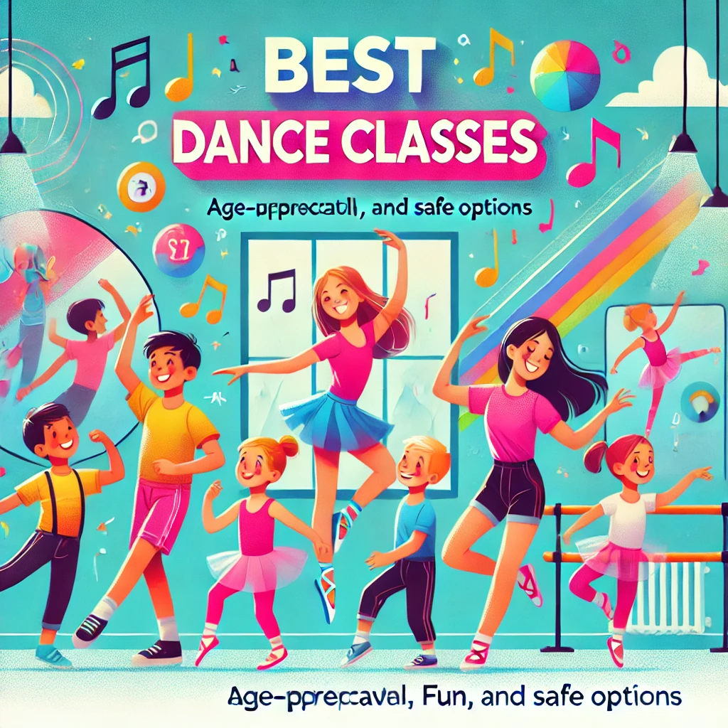 Colorful blog post design for 'Best Dance Classes for Kids: Age-Appropriate, Fun, and Safe Options,' featuring children dancing in an energetic studio setting with elements like mirrors, ballet bars, and musical notes. Bright colors such as pink, blue, and yellow create a lively atmosphere, capturing the excitement of dance for kids of all ages.