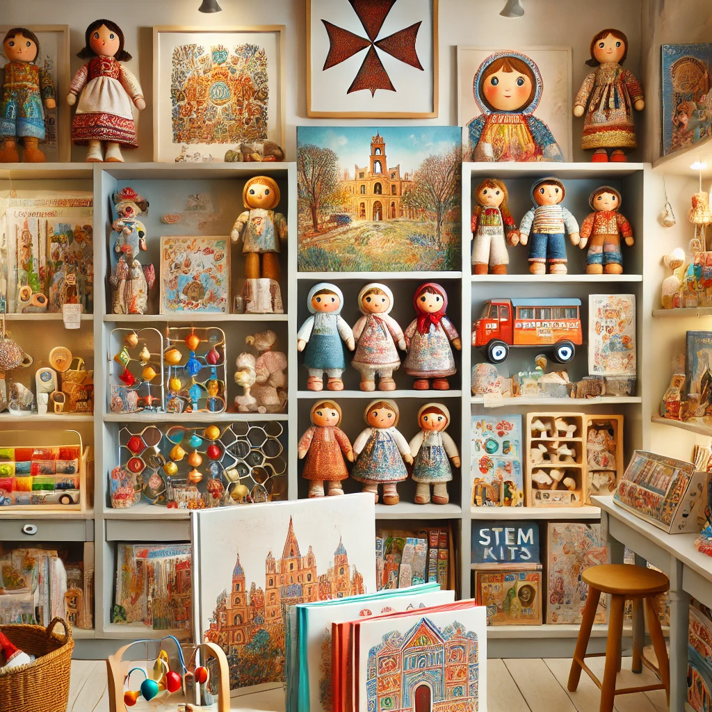 Cozy Maltese toy store and bookshop with colorful educational toys, traditional dolls, wooden puzzles, and illustrated children's books displayed on shelves in a warm, family-friendly setting. Soft lighting and subtle Maltese decor create a welcoming atmosphere for kids and parents.