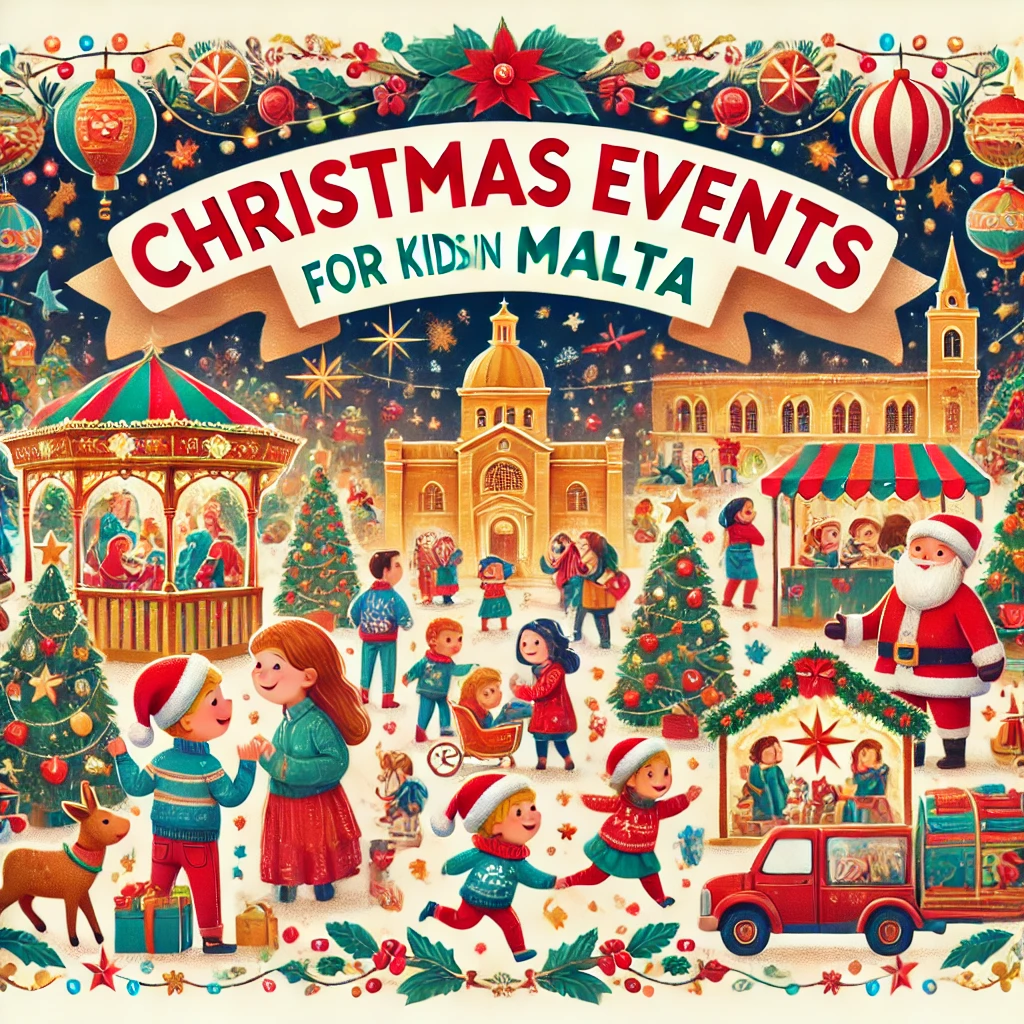 Festive blog cover for 'Christmas Events for Kids in Malta,' featuring cheerful children enjoying holiday activities with elements like Santa’s grotto, Christmas lights, and traditional Maltese decorations. The scene is colorful and inviting, showcasing markets, nativity scenes, and children immersed in Christmas festivities, set in warm holiday colors of red, green, and gold.