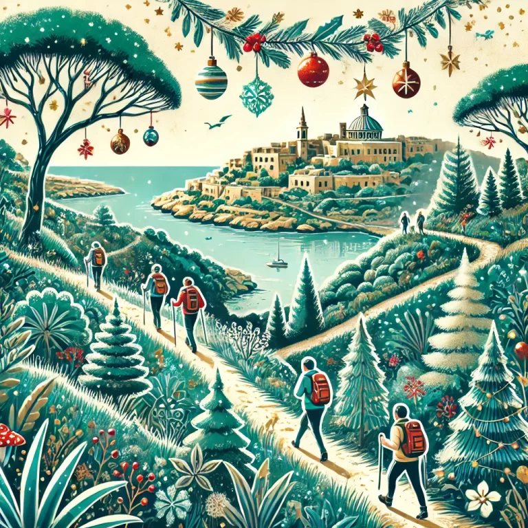 Festive blog cover for 'Best Family Hikes and Nature Walks in Malta During the Holiday Season,' featuring scenic trails, cheerful families hiking, and iconic Maltese landscapes like cliffs, coastline, and woodlands. The design uses fresh greens, blues, and holiday accents to convey both nature and a festive atmosphere, inspiring family-friendly outdoor exploration.