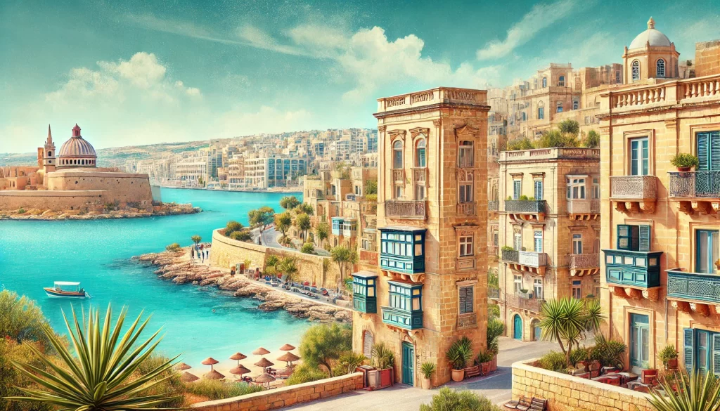 A picturesque coastal view of Malta with traditional limestone buildings, clear blue Mediterranean waters, and a sunny sky, ideal for expats considering relocation to Malta.