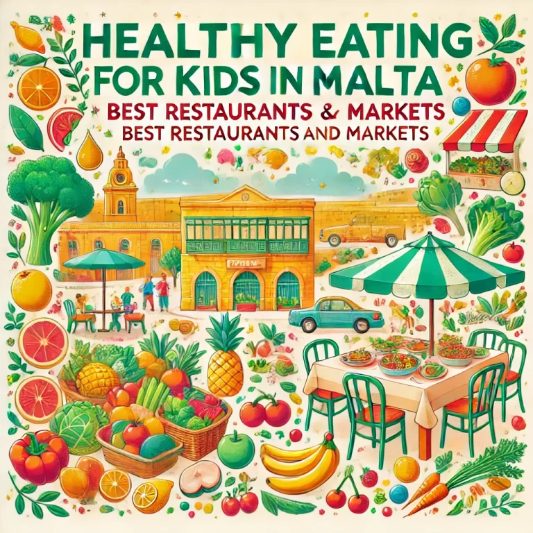 "Healthy Eating for Kids in Malta: Best Restaurants and Markets." It features colorful produce, fresh fruits, and family-friendly settings, making it perfect for highlighting healthy dining and shopping options for families in Malta.