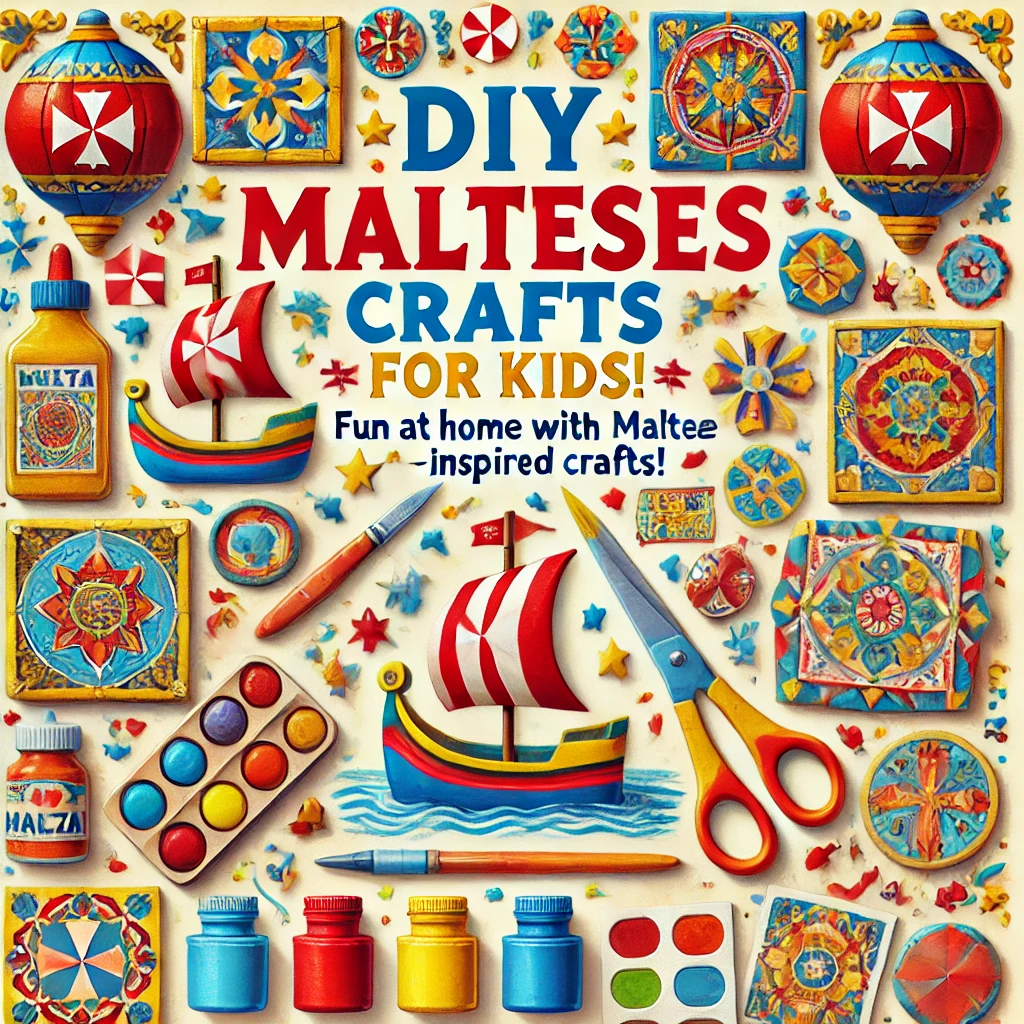 Colorful DIY Maltese crafts image featuring traditional Maltese symbols like the cross, luzzu boats, and tile patterns alongside crafting supplies such as paintbrushes, scissors, and paper. The image includes the title 'DIY Maltese Crafts for Kids' and subheading 'Fun at Home with Maltese-Inspired Crafts,' creating a playful and inviting look for families and children interested in Maltese culture-inspired crafts.