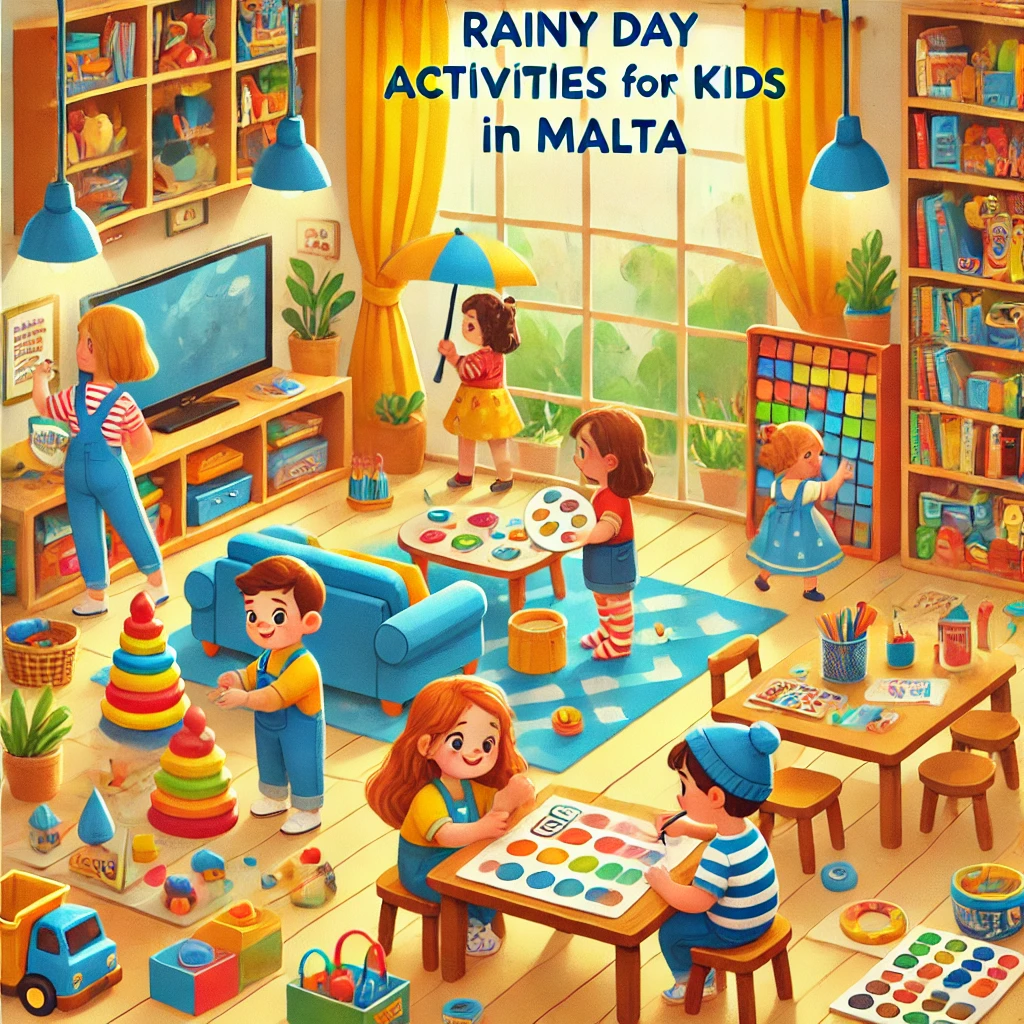 Illustration of indoor rainy day activities for kids in Malta, featuring children enjoying play centers, reading in a cozy library, and engaging in arts and crafts. The image includes colorful elements like books, paint supplies, and playful settings, with the title 'Rainy Day Activities for Kids in Malta' displayed at the top in bold, fun font.