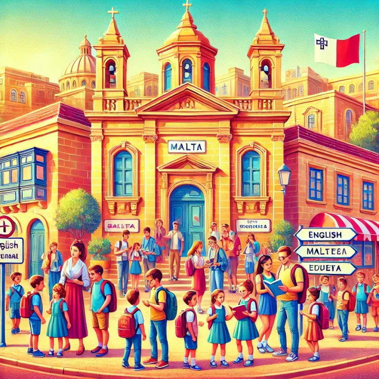 Illustration of a Maltese school environment for expat families, with diverse children, parents, and teachers interacting warmly. The background features traditional Maltese architecture under a sunny Mediterranean sky, with signs in English and Maltese. Children are shown with books and backpacks, emphasizing an inclusive, welcoming atmosphere for international students.