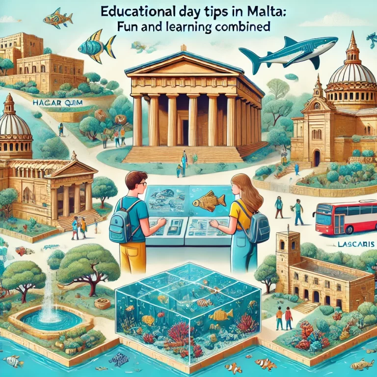 Illustration of educational day trips for kids in Malta, featuring key landmarks like the Hagar Qim Temples, Malta National Aquarium with fish and underwater scenes, Esplora Interactive Science Centre, and Lascaris War Rooms. Children are shown exploring these sites, surrounded by icons of history, nature, and science. The title 'Educational Day Trips in Malta: Fun and Learning Combined' is displayed in a bold, fun font.