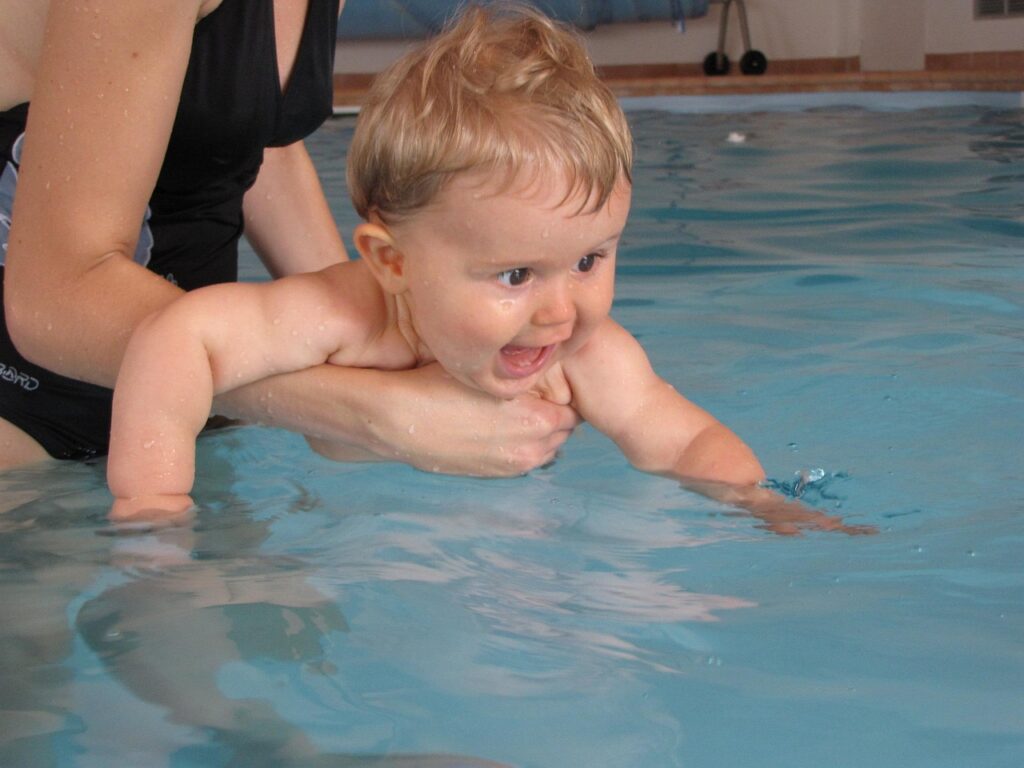 baby, child, swim, swimming, swimming pool, water, nature, blond